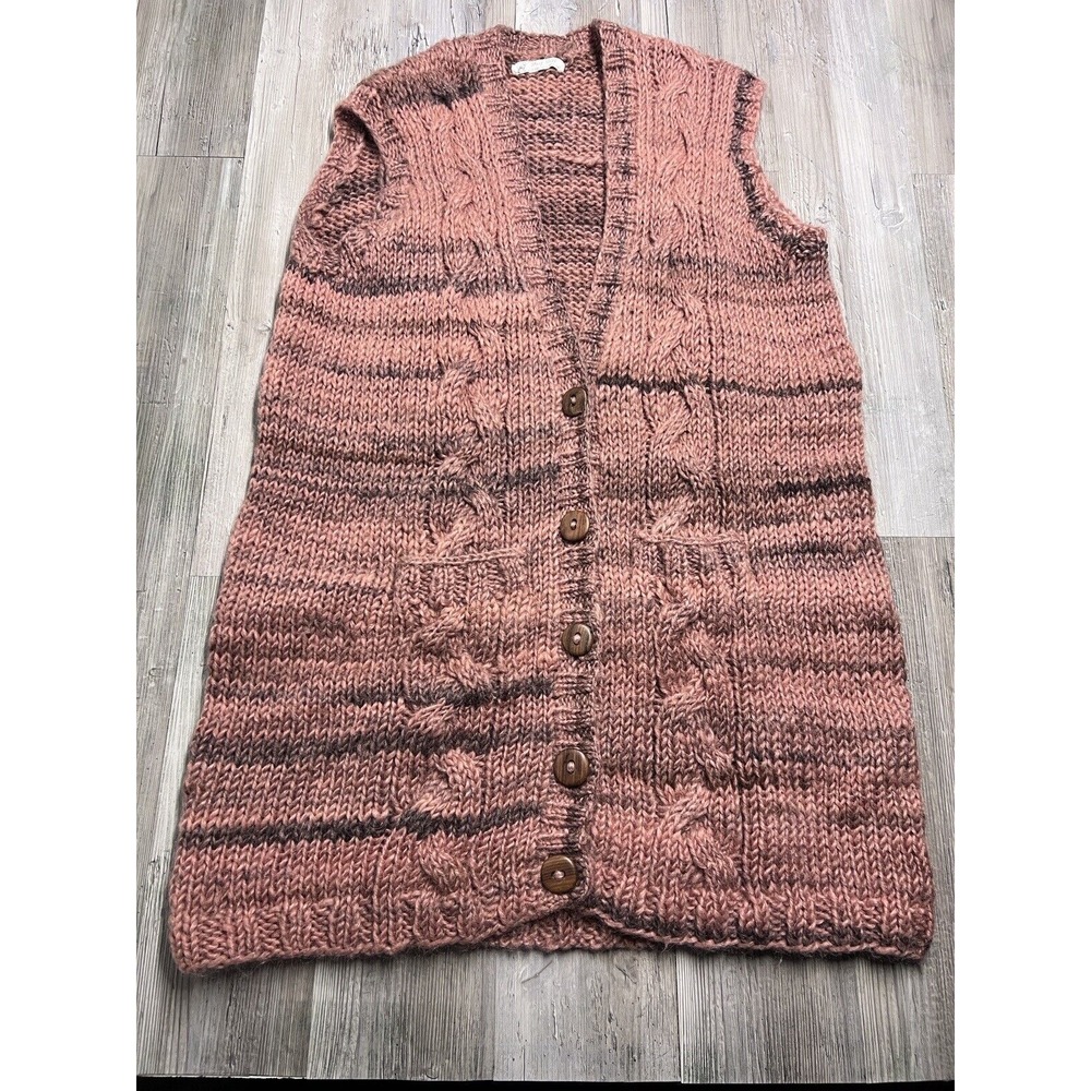 Sleeveless Cardigan Sweater‎ Vest Longline Knit Pockets Button Front Pink Brown